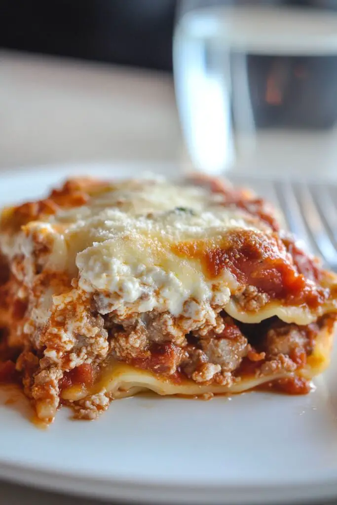 A close-up shot of a slice of keto Italian sausage lasagna, showcasing layers of rich marinara sauce, creamy ricotta, and melted mozzarella cheese with savory Italian sausage. The lasagna is baked to perfection with a golden cheese crust, making it a satisfying low-carb alternative to traditional pasta dishes.