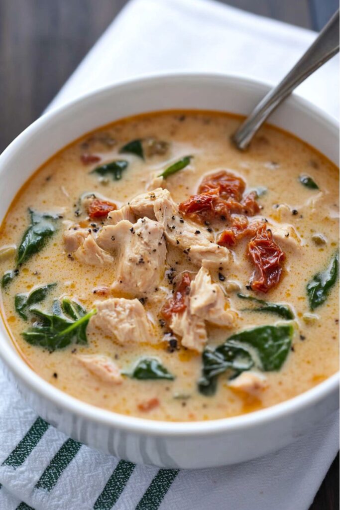 Keto-friendly creamy Tuscan chicken soup with spinach and sun-dried tomatoes