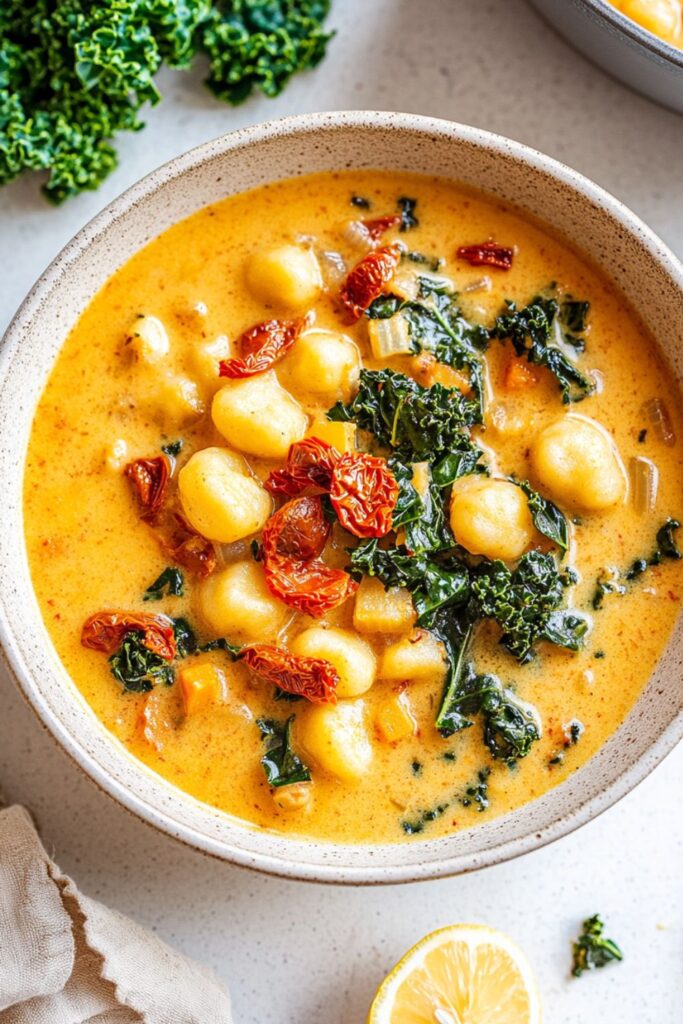 Creamy Tuscan vegetable soup with kale, chickpeas, and sun-dried tomatoes in a bowl.