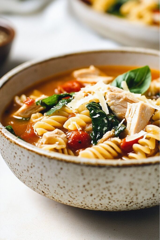 One Pot Turkey Tuscan Soup with rotini pasta, turkey, and spinach in a creamy broth.