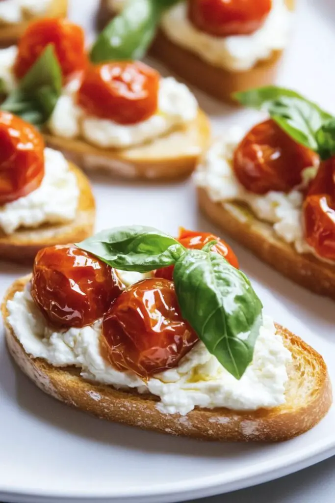 Bruschetta with creamy ricotta cheese spread on toasted baguette bread, topped with roasted cherry tomatoes and garnished with fresh basil leaves, served as a sweet and spicy tomato appetizer for cocktail parties, perfect for showcasing classic Italian bruschetta recipes.