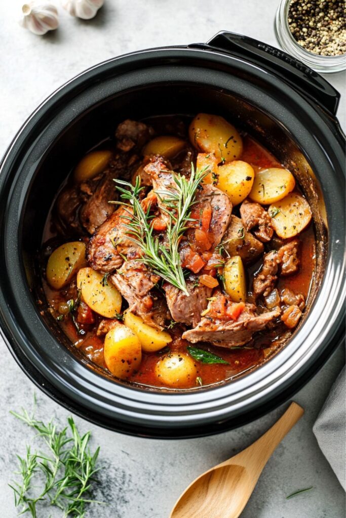 Italian pork shoulder braised in a slow cooker with rosemary, potatoes, and tomatoes for a flavorful crockpot Italian meal.