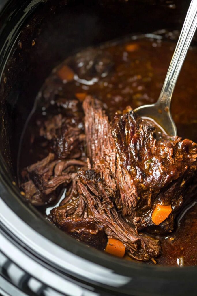 Tender Italian pot roast cooked in a slow cooker with rich red wine, carrots, and herbs, served in a savory sauce for a hearty crockpot Italian dinner.