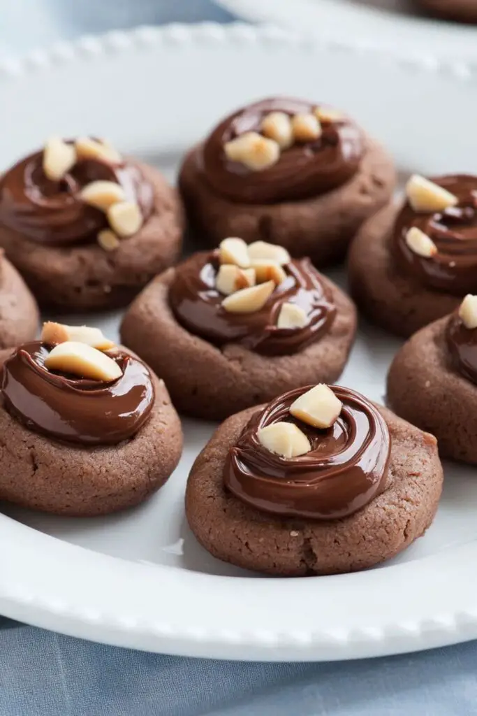 Soft Nutella cookies topped with chopped hazelnuts, a perfect treat for the holiday season.