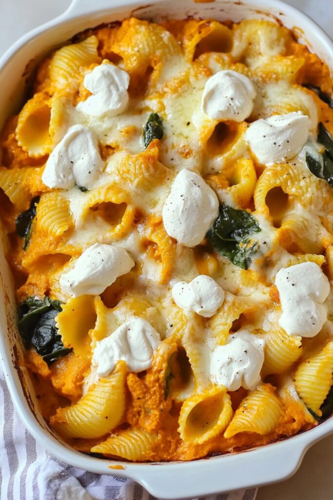 Thanksgiving pasta casserole with pumpkin, spinach, and three cheeses baked to perfection.