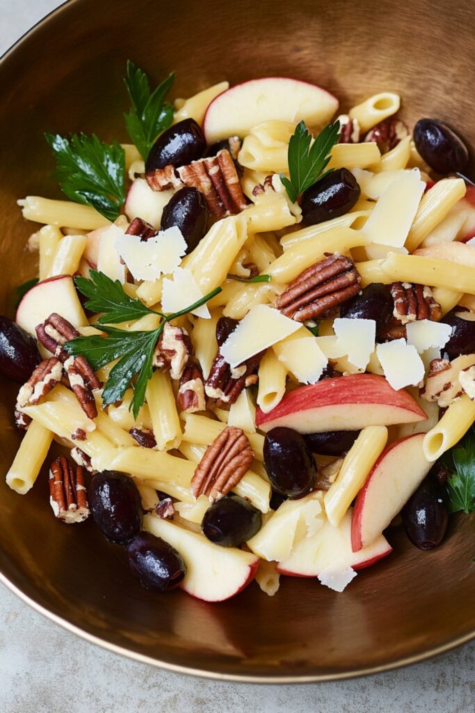 A refreshing Thanksgiving pasta salad with apples, grapes, and pecans.