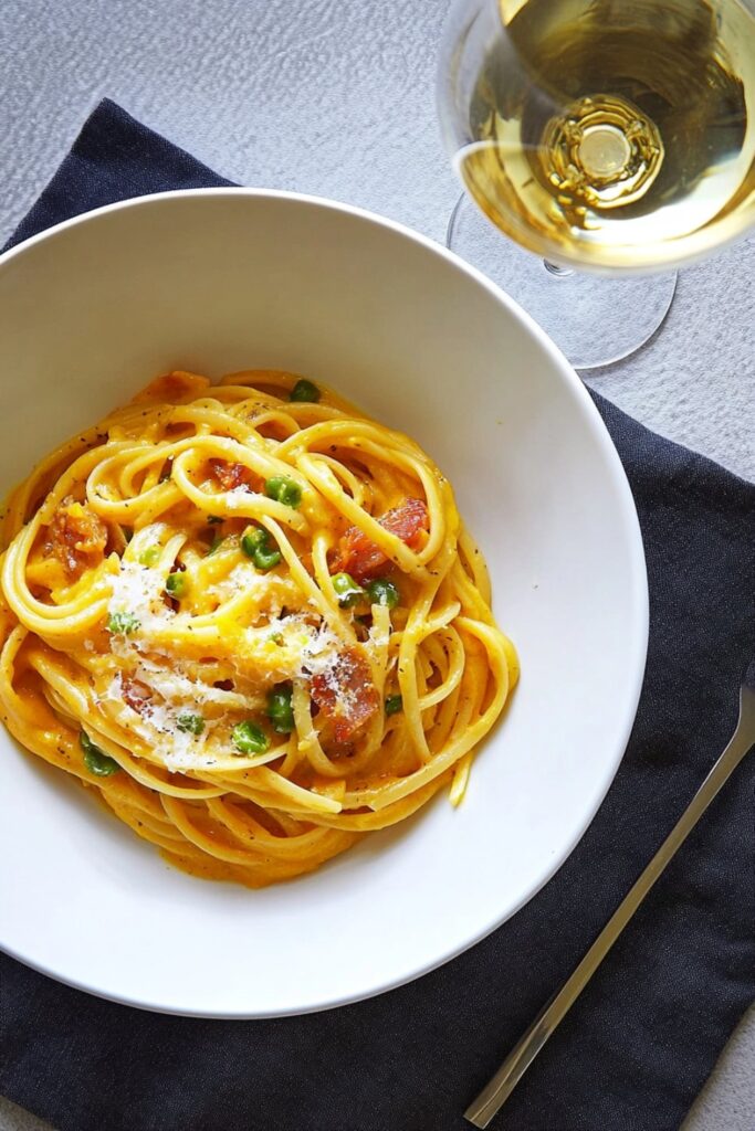 Thanksgiving pasta dish, butternut squash carbonara with Parmesan cheese and crispy pancetta.