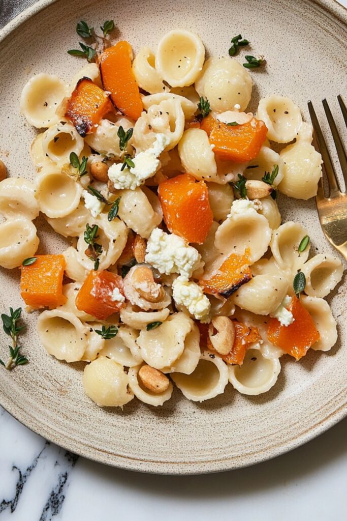 Thanksgiving pasta salad with butternut squash, goat cheese, and pine nuts.