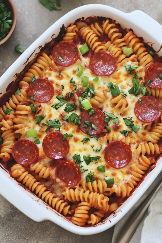 Deep-dish pasta pizza baked with cheese and pepperoni, a perfect Thanksgiving pasta bake.