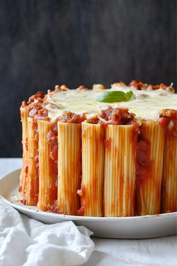 Thanksgiving pasta pie with rigatoni and ricotta baked to perfection.