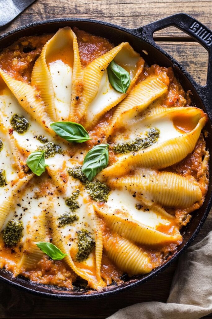 Thanksgiving pasta recipe with pumpkin, pesto, and cheese-stuffed shells.