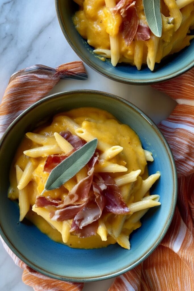 Thanksgiving pasta recipe with creamy squash sauce and prosciutto.