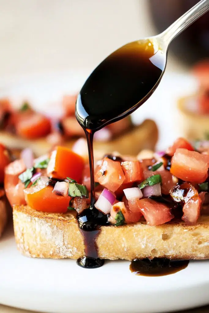 Tomato bruschetta topped with balsamic glaze on toasted bread slices.