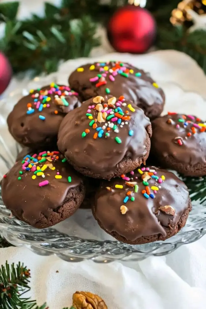 A plate of traditional Italian chocolate Toto Christmas cookies, topped with a smooth chocolate glaze and colorful sprinkles. These round, soft cookies are filled with walnuts and spices, making them a perfect choice for anyone seeking authentic Italian Christmas cookie recipes.