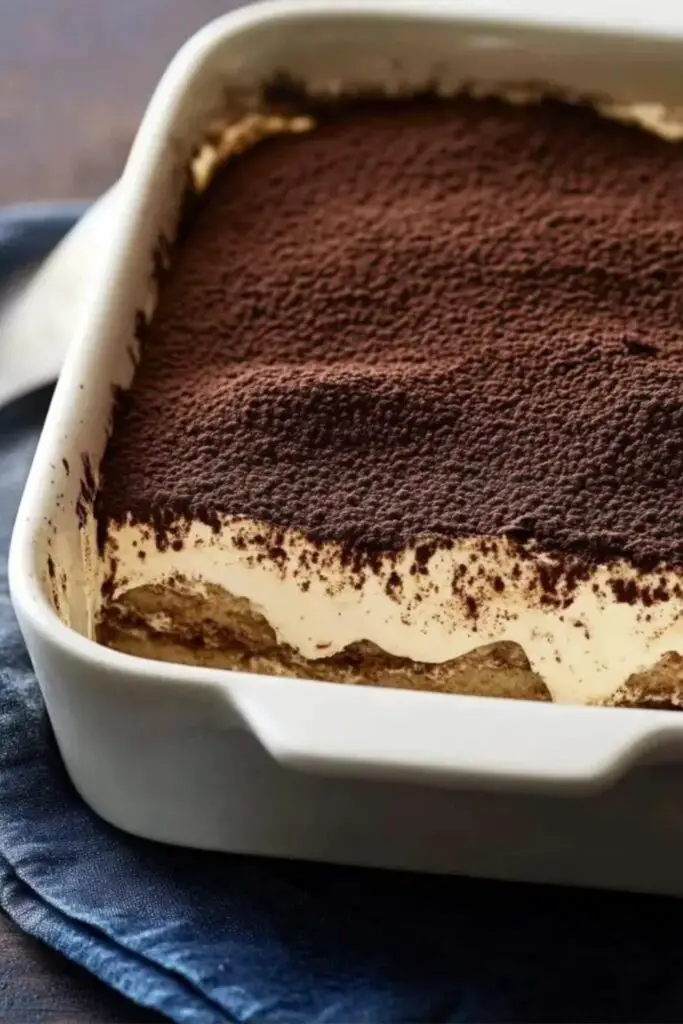 Traditional Italian tiramisu dessert made with layers of espresso-soaked ladyfingers, rich mascarpone cream, and a dusting of chocolate, infused with amaretto liqueur, perfect for an Italian-themed Christmas celebration.