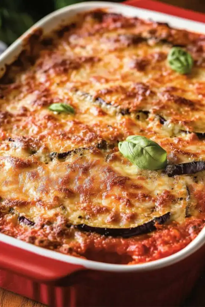 Traditional Italian Christmas Eggplant Parmigiana casserole with layers of eggplant, rich tomato sauce, and melted cheese, baked to perfection in a red dish.