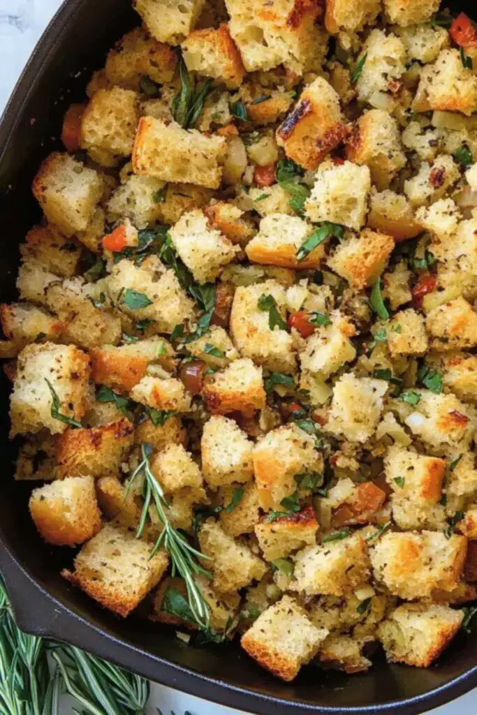 Italian Christmas Dinner Ideas: Garlic Herb Ciabatta Stuffing, baked to golden perfection with fresh herbs and vegetables in a cast iron skillet. Perfect for adding a rustic Italian touch to your festive meal.