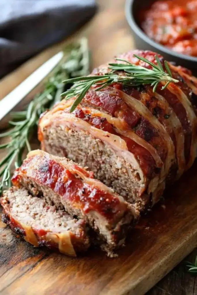 Traditional Italian Christmas Polpettone, a savory meatloaf wrapped in crispy pancetta and stuffed with Taleggio cheese, served with tomato sauce on a wooden board.