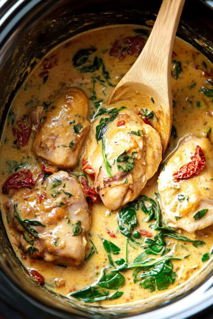 Creamy Tuscan chicken thighs with spinach and sun-dried tomatoes simmering in a slow cooker for a delicious Italian crockpot meal.