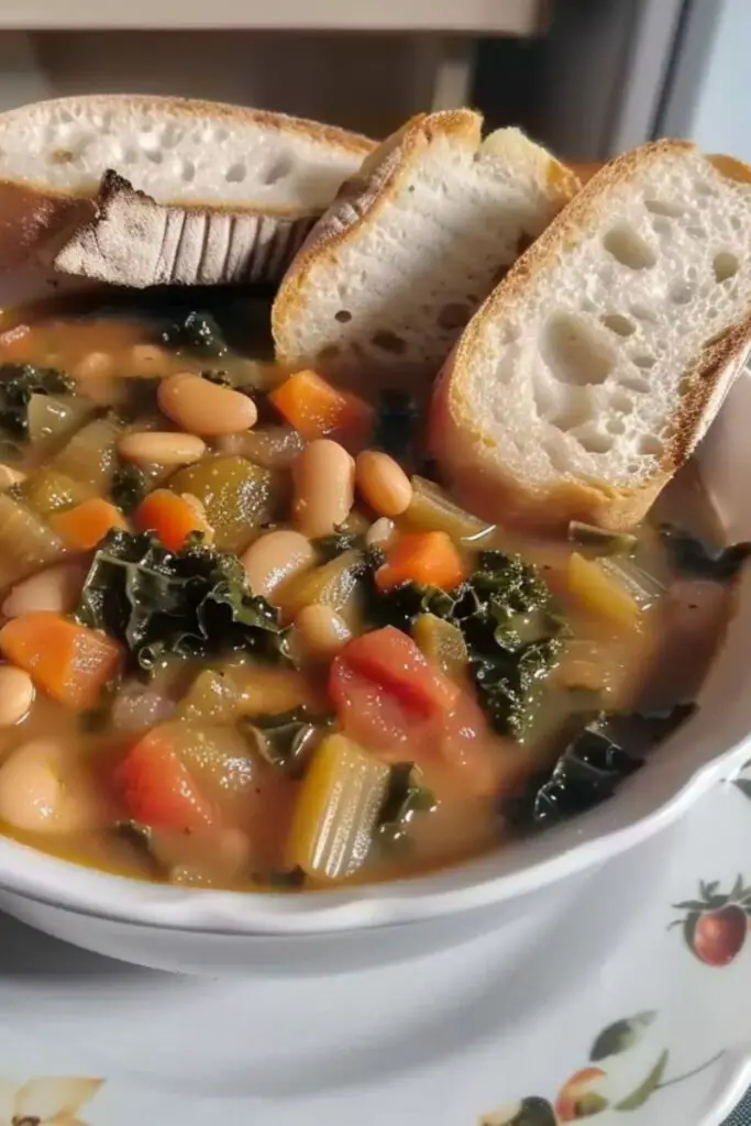 A bowl of hearty Tuscan kale and bean soup with overcooked vegetables like potatoes, carrots, and cannellini beans, topped with slices of rustic bread.