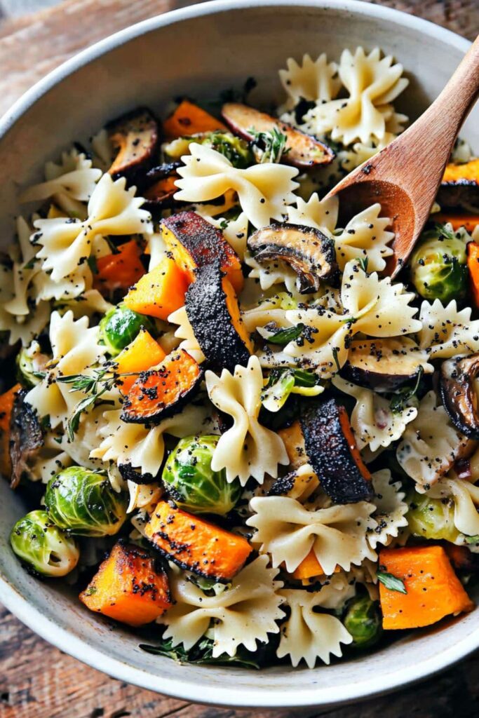 A vibrant vegan fall pasta salad with bowtie pasta, Brussels sprouts, and roasted vegetables, topped with poppy seeds.