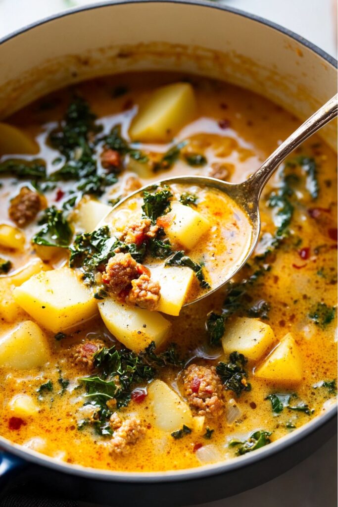 Vegan Zuppa Toscana soup with potatoes, kale, and vegan sausage in a creamy broth.