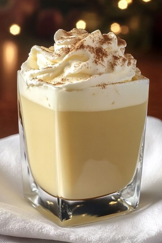 A festive glass of Amaretto Eggnog topped with whipped cream and dusted with nutmeg, perfect for Italian-inspired holiday gatherings.