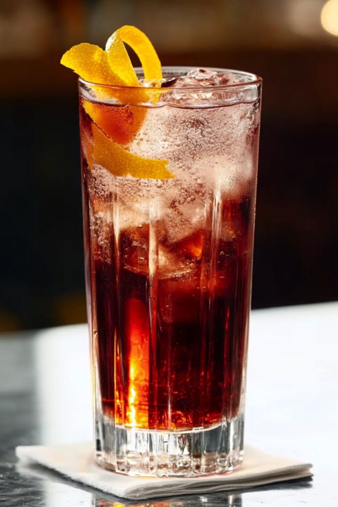 An Americano cocktail served in a tall glass with ice, garnished with orange slices. The drink showcases a vibrant red color, indicative of its Campari base, with bubbles visible from the sparkling water.