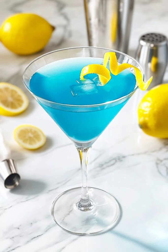 A vibrant Angelo Azzurro cocktail served in a martini glass, showcasing its stunning blue color. The drink is garnished with a lemon twist and sits beside fresh lemons, embodying the refreshing essence of summer cocktails.