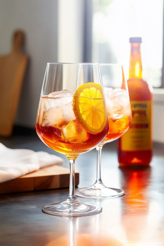 Two glasses of Aperol spritz garnished with orange slices, filled with ice and bubbly liquid, showcasing a vibrant orange color and refreshing appearance.