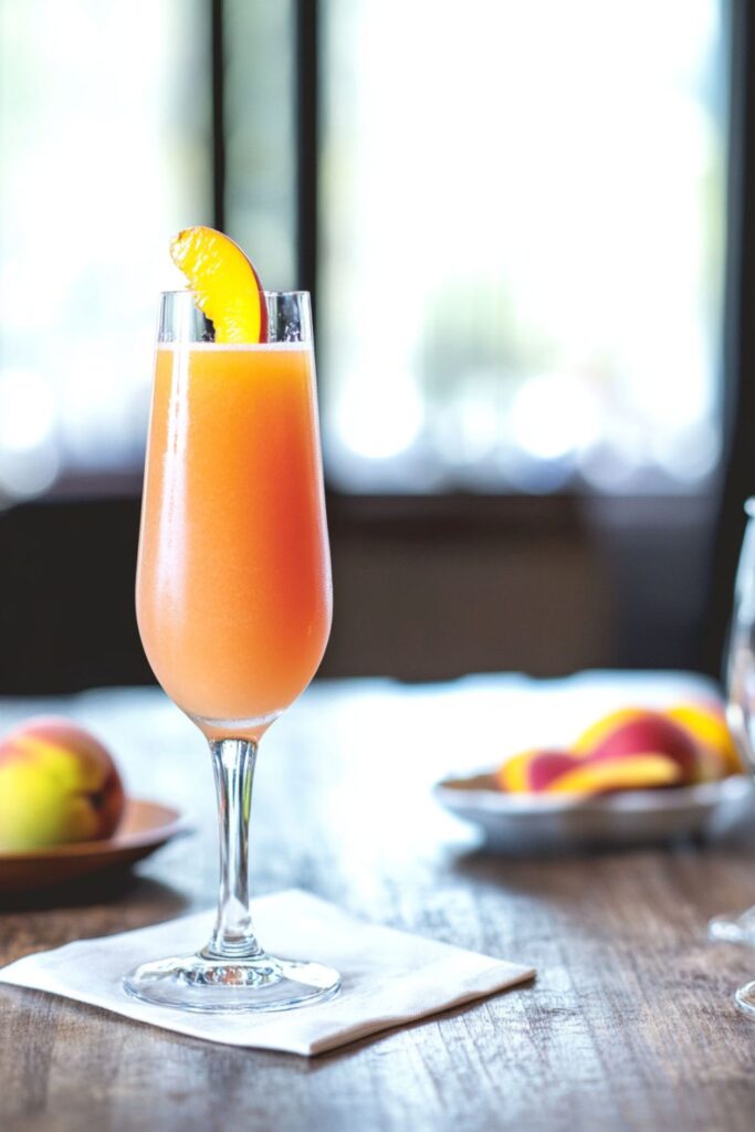 A Bellini cocktail in a glass, featuring a beautiful blend of peach purée and sparkling white wine, garnished with a slice of peach. The drink has a golden-orange hue and is served over ice.