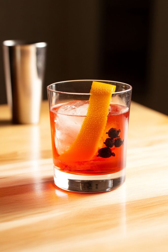 A refreshing Cardinale cocktail served in a patterned glass, filled with ice and garnished with orange slices, set against a vibrant yellow background that enhances its inviting appearance.