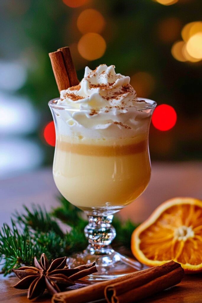 A warm Bombardino cocktail topped with whipped cream and garnished with a cinnamon stick and star anise, perfect for winter holiday gatherings.