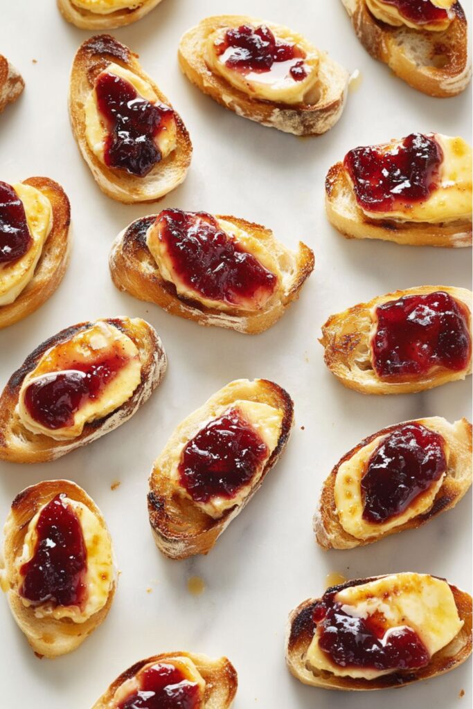 Golden-brown crostini topped with a layer of sweet cherry jam and slices of caramelized Brie cheese. The edges are crispy, while the Brie is perfectly melted, making it an elegant and easy appetizer for a Christmas party buffet.