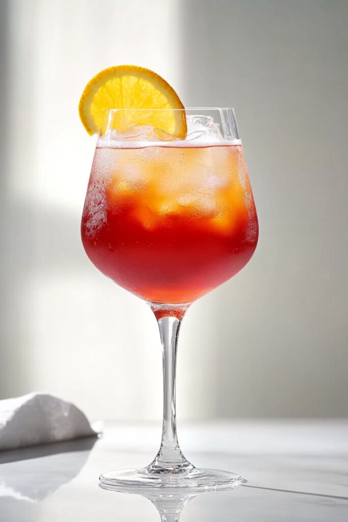 A vibrant Campari Spritz cocktail served in a tall glass, featuring a bright orange-red color with ice and garnished with a slice of orange, against a light gray background.