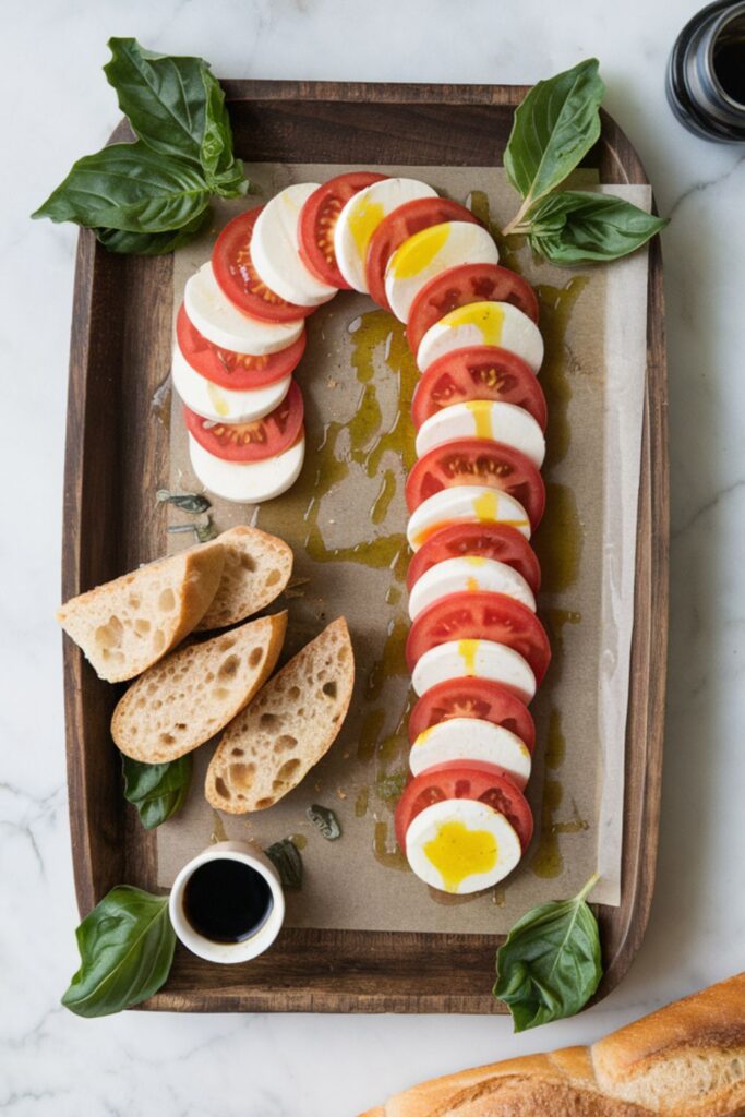 A festive candy cane-shaped Caprese board with alternating slices of fresh mozzarella and tomatoes, drizzled with olive oil, garnished with fresh basil leaves, and served alongside crusty bread and balsamic glaze. Perfect for a holiday-themed appetizer.