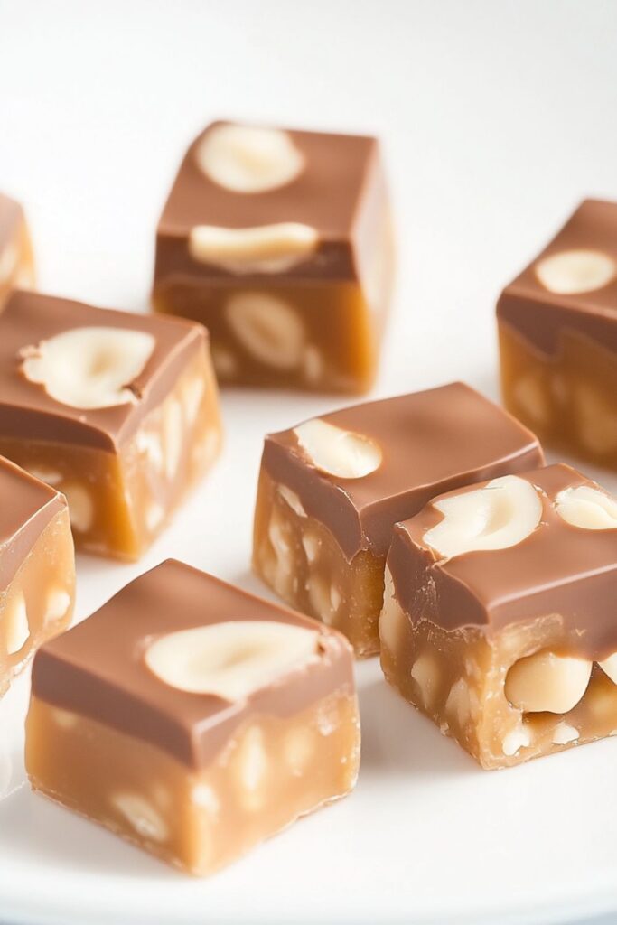 Close-up of caramel-colored Italian torrone candy squares with visible almond pieces, topped with a smooth caramel coating on a white plate.