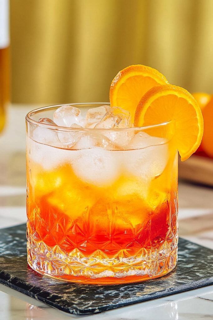 A close-up of a Bicicletta cocktail served in a short glass, featuring a rich amber color with a twist of orange peel garnish. The drink is set against a soft-focus background, emphasizing its elegant presentation.