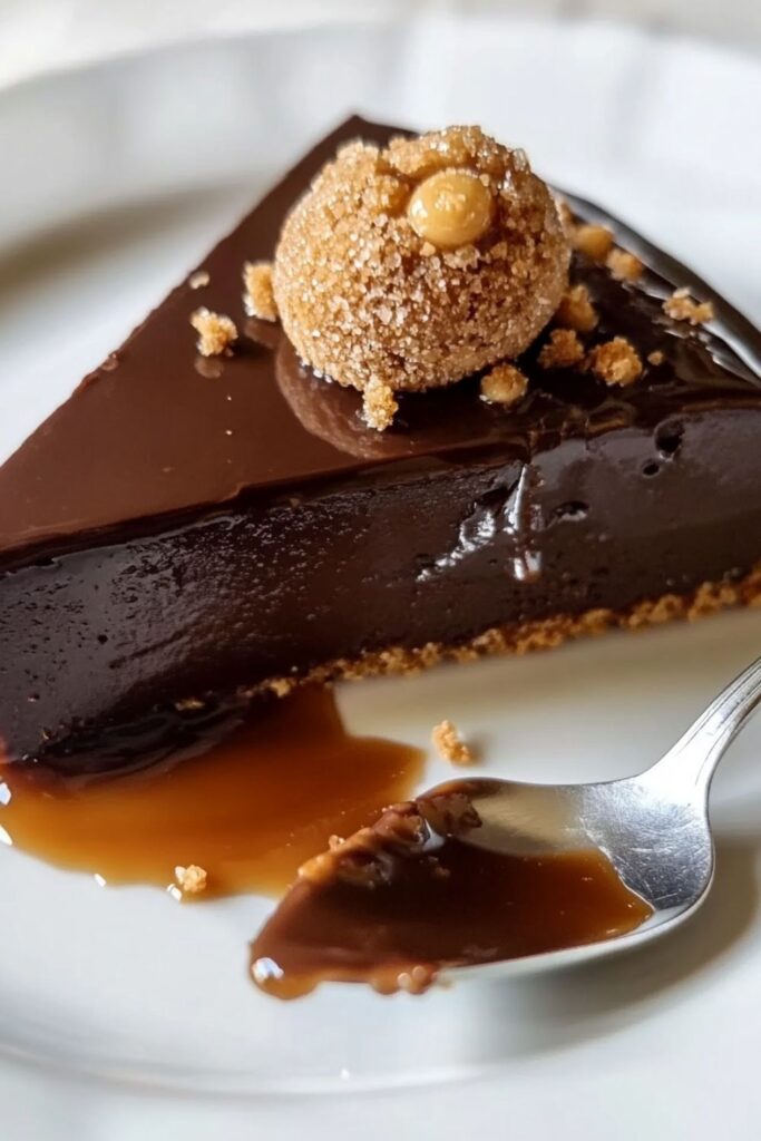 A close-up of a rich, dark chocolate budino topped with a crunchy amaretto cookie, served on a white plate with a spoon. This traditional Italian dessert is smooth and creamy, with a velvety texture and a hint of almond, making it a perfect addition to any Italian Christmas sweets table.