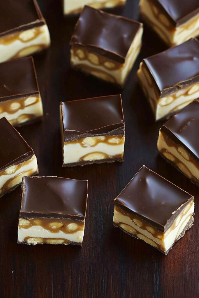 Square pieces of Italian torrone candy with layers of creamy nougat, caramel, peanuts, and a rich chocolate topping on a dark wooden surface.