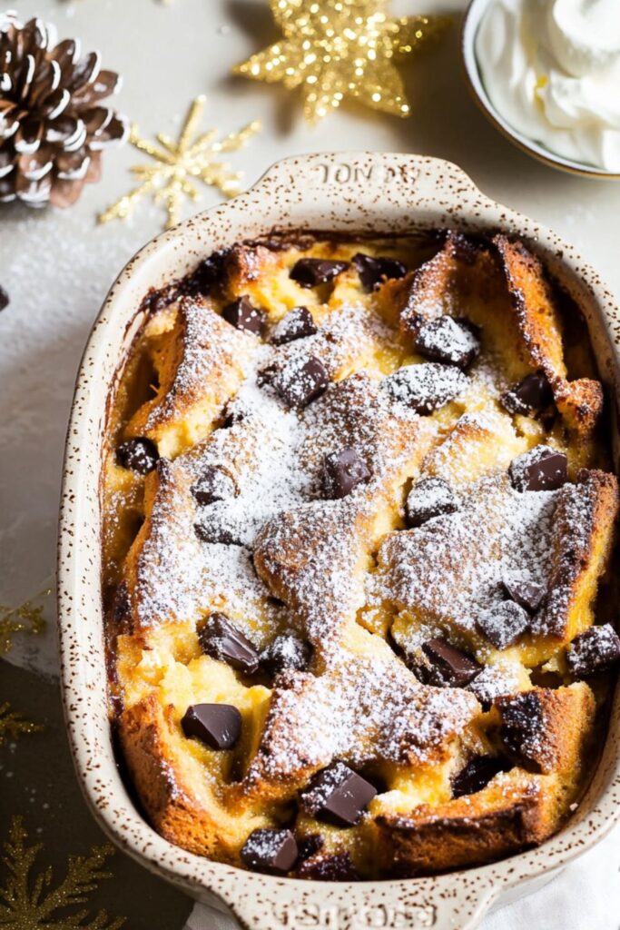 A decadent Chocolate Chip Panettone Bread Pudding served in a rustic dish, showcasing the rich texture and chocolate chunks, dusted with powdered sugar and drizzled with warm sauce.