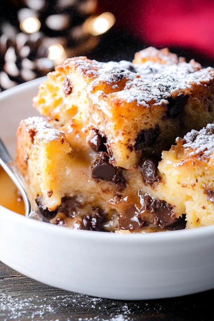 A close-up of Chocolate Chip Panettone Bread Pudding drizzled with warm bourbon butter sauce, showcasing the rich texture and gooey filling, perfect for a festive dessert.