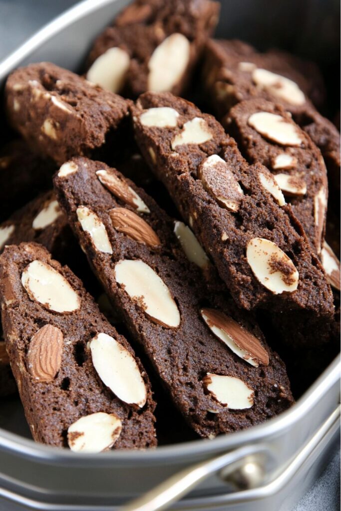 A batch of chocolate espresso cantuccini with almonds, featuring rich chocolate flavors and a crunchy texture, a perfect addition to any Italian Christmas dessert spread.