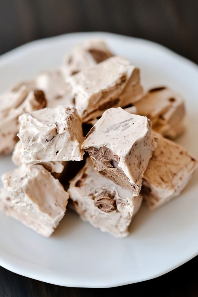 Pile of soft, chocolate-flavored Italian nougat pieces with a light, airy texture on a white plate.