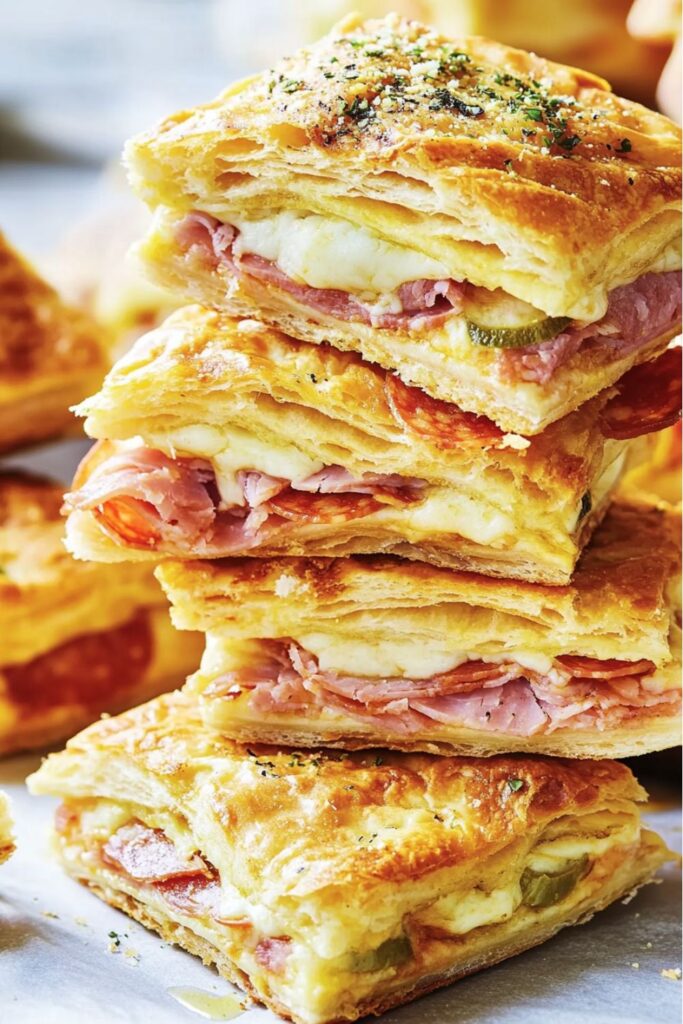 Golden-brown antipasto squares layered with ham, pepperoni, cheese, and pepperoncini, arranged on a tray for a festive Christmas party buffet.