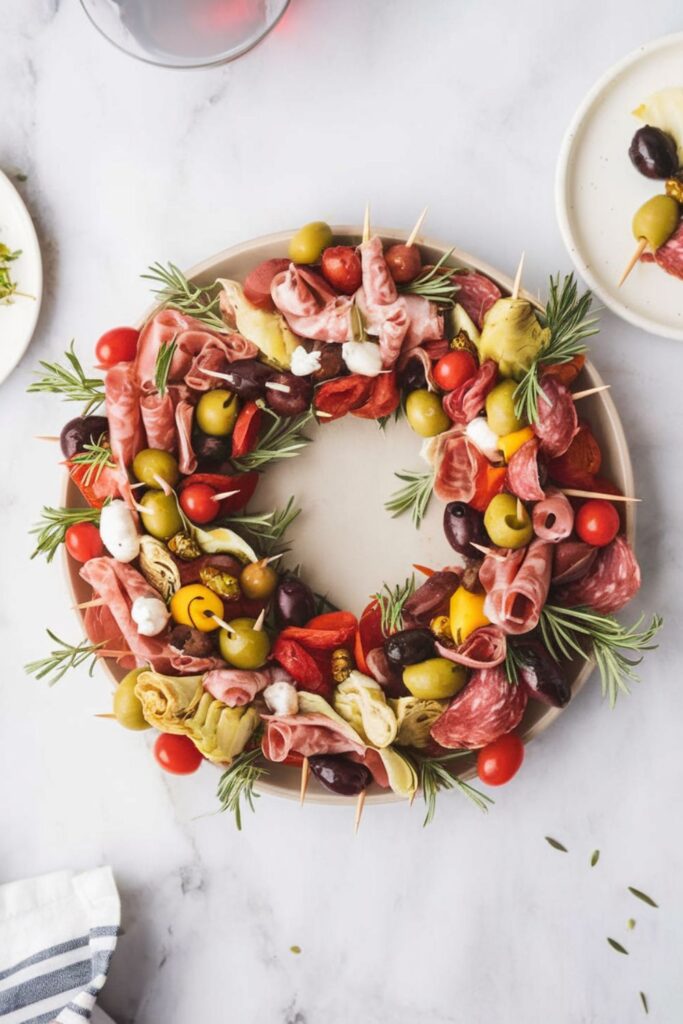 Festive antipasto wreath appetizer with an assortment of olives, cherry tomatoes, salami, artichokes, and rosemary arranged in a circular shape for a Christmas party spread.