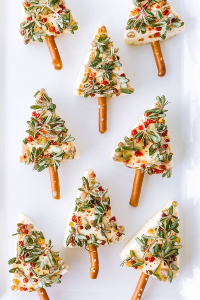 Cheese wedges shaped like Christmas trees, coated with fresh herbs and spices, and anchored with pretzel sticks to resemble tree trunks, arranged on a white platter for a festive holiday appetizer.