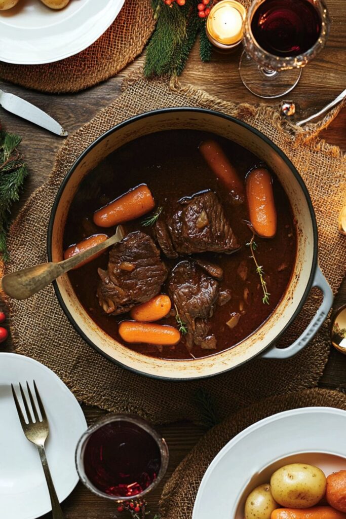 A pot of Italian-style braised beef with carrots and potatoes, ideal for a cozy Christmas dinner for two.