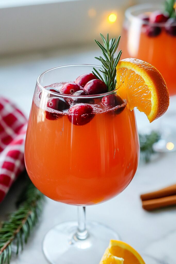 Italian Christmas cocktail featuring cranberry and orange Prosecco spritz, garnished with rosemary and orange slices, served in a festive glass with cranberries.