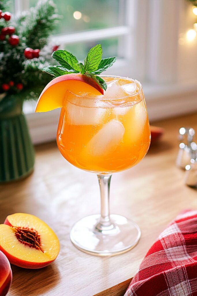 Refreshing Peach Aperol Spritz with a vibrant orange hue, garnished with fresh peach slices and mint, served in a wine glass, perfect for holiday gatherings.